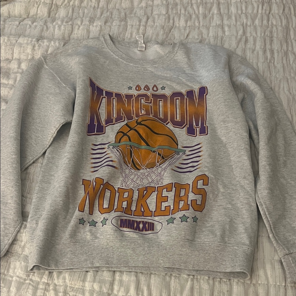 Grey Sweatshirt with Purple & Gold Basketball Graphic